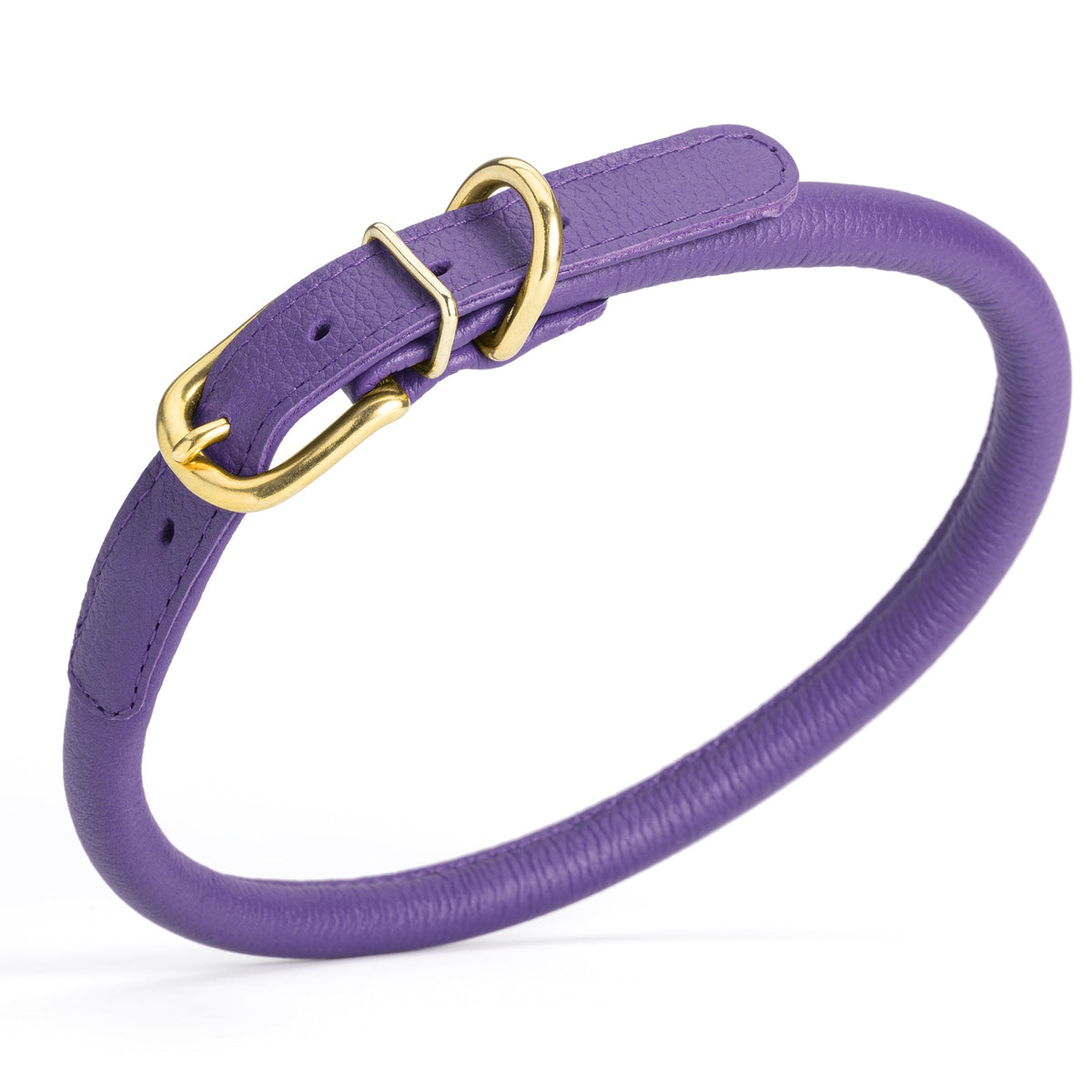 Soft Rolled Leather Dog Collar with Brass Hardware – Round Collar for Long-Haired Dogs – Purple