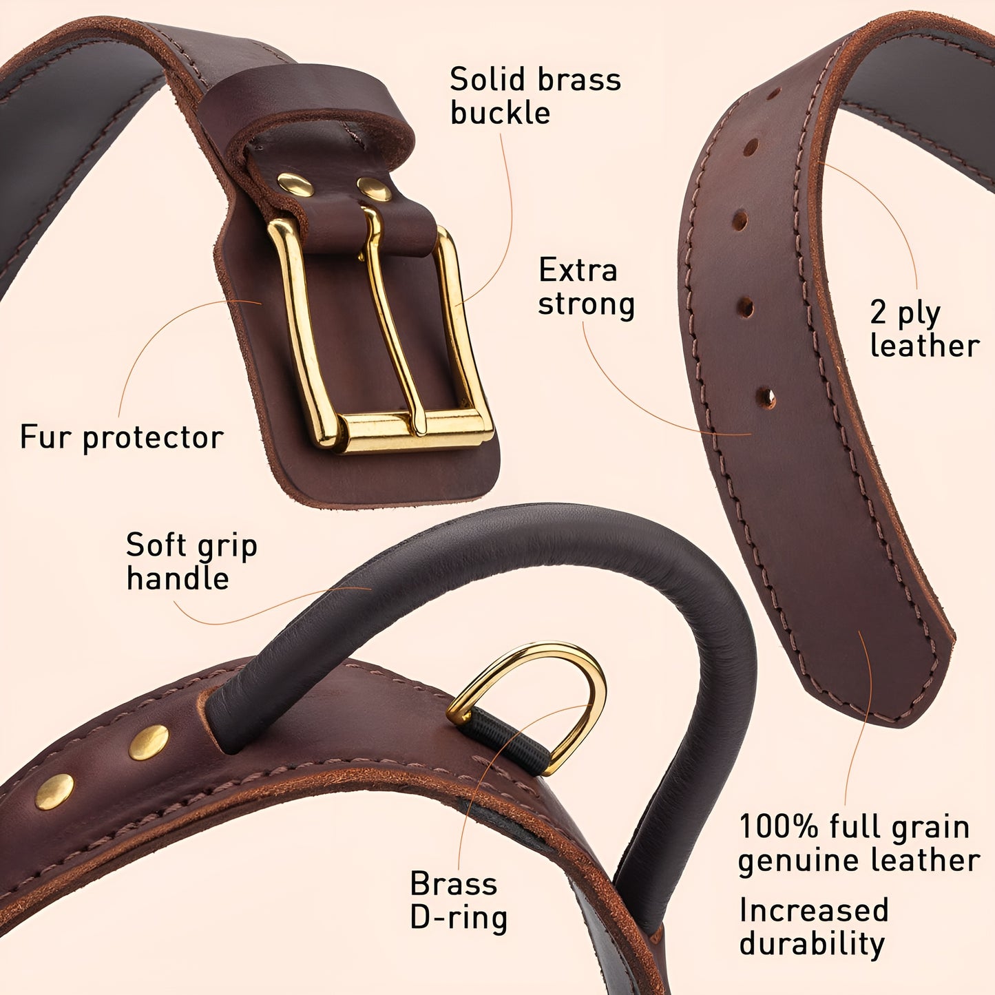 Extra Durable 2 Ply Leather Dog Collar with Handle - Ultimate Control