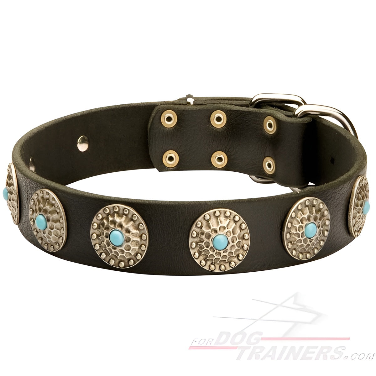 Beautiful Leather Dog Collar Decorated with Blue Stones