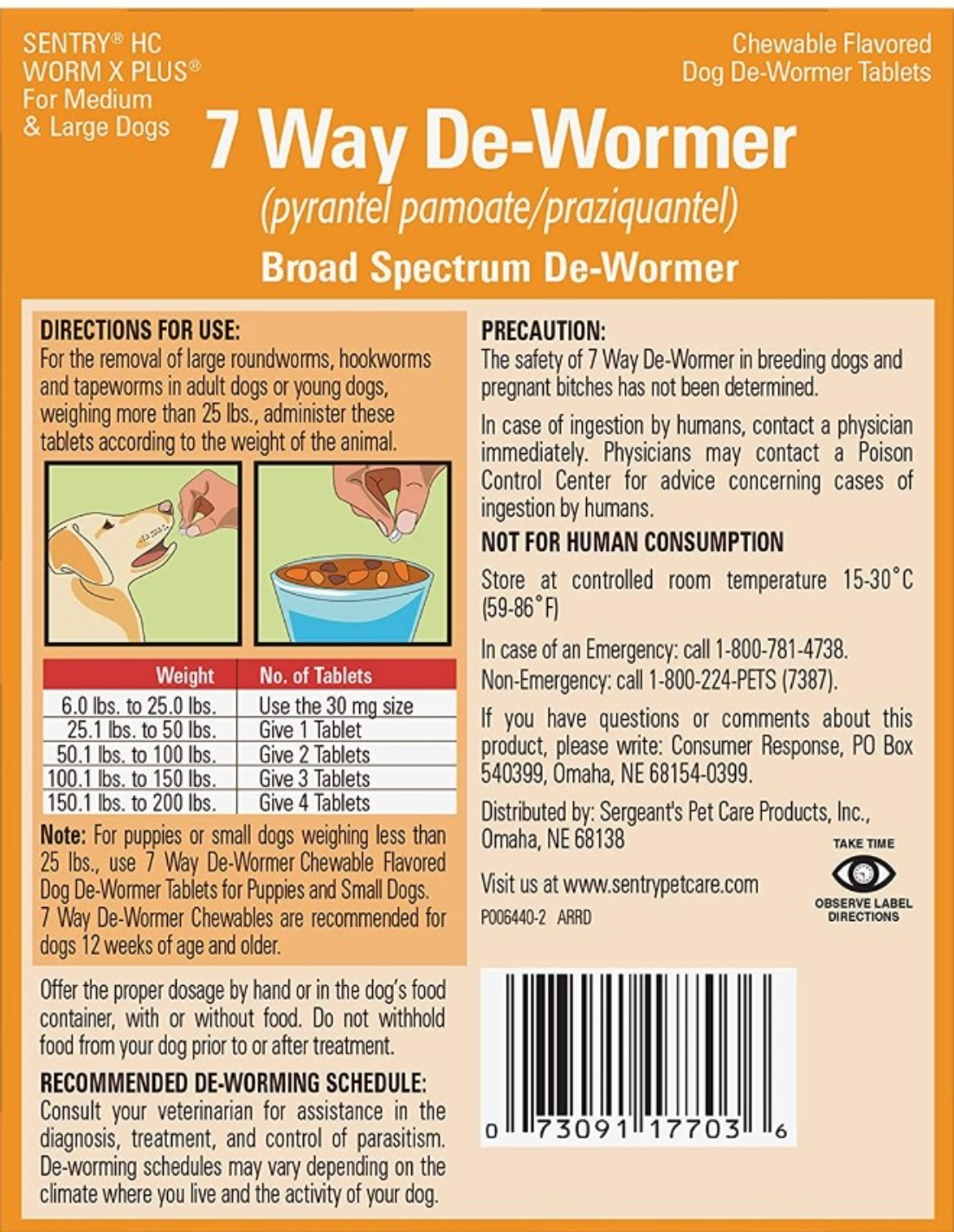 Sentry Worm X Plus 7 Way De-Wormer instructions, precautions, and dosage for medium and large dogs.