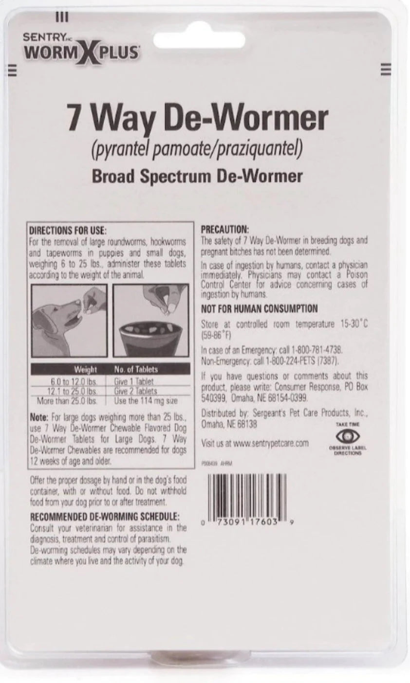 Back packaging of Sentry HC WormX Plus 7 Way De-Wormer for puppies and small dogs, showing usage directions and safety precautions.