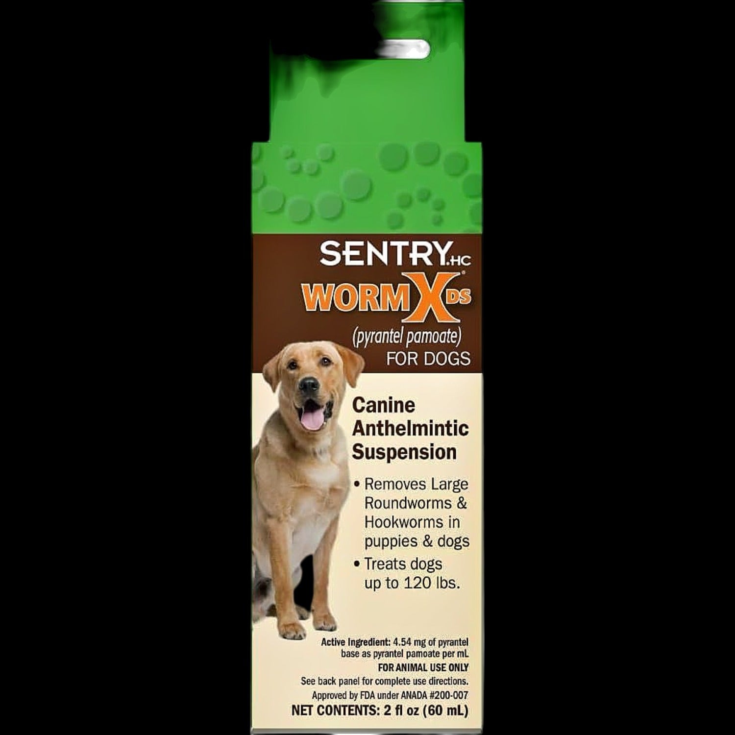 Sentry HC WormX DS canine anthelmintic suspension for dogs, treats roundworms and hookworms, effective for puppies and dogs up to 120 lbs.