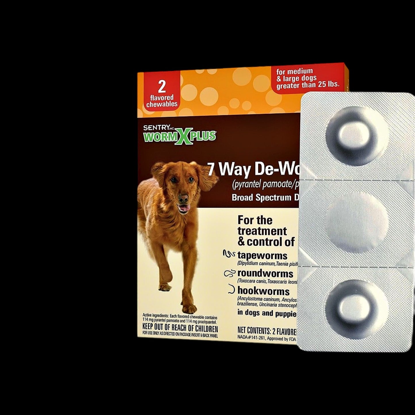 Sentry Worm X Plus deworming medication for medium and large dogs, packaging and chewable tablets