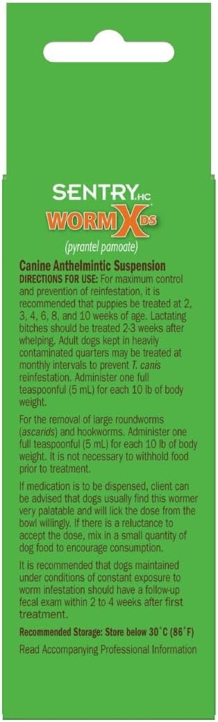 Sentry HC WormX DS anthelmintic suspension package for dogs, treats roundworms and hookworms, active ingredient pyrantel pamoate.