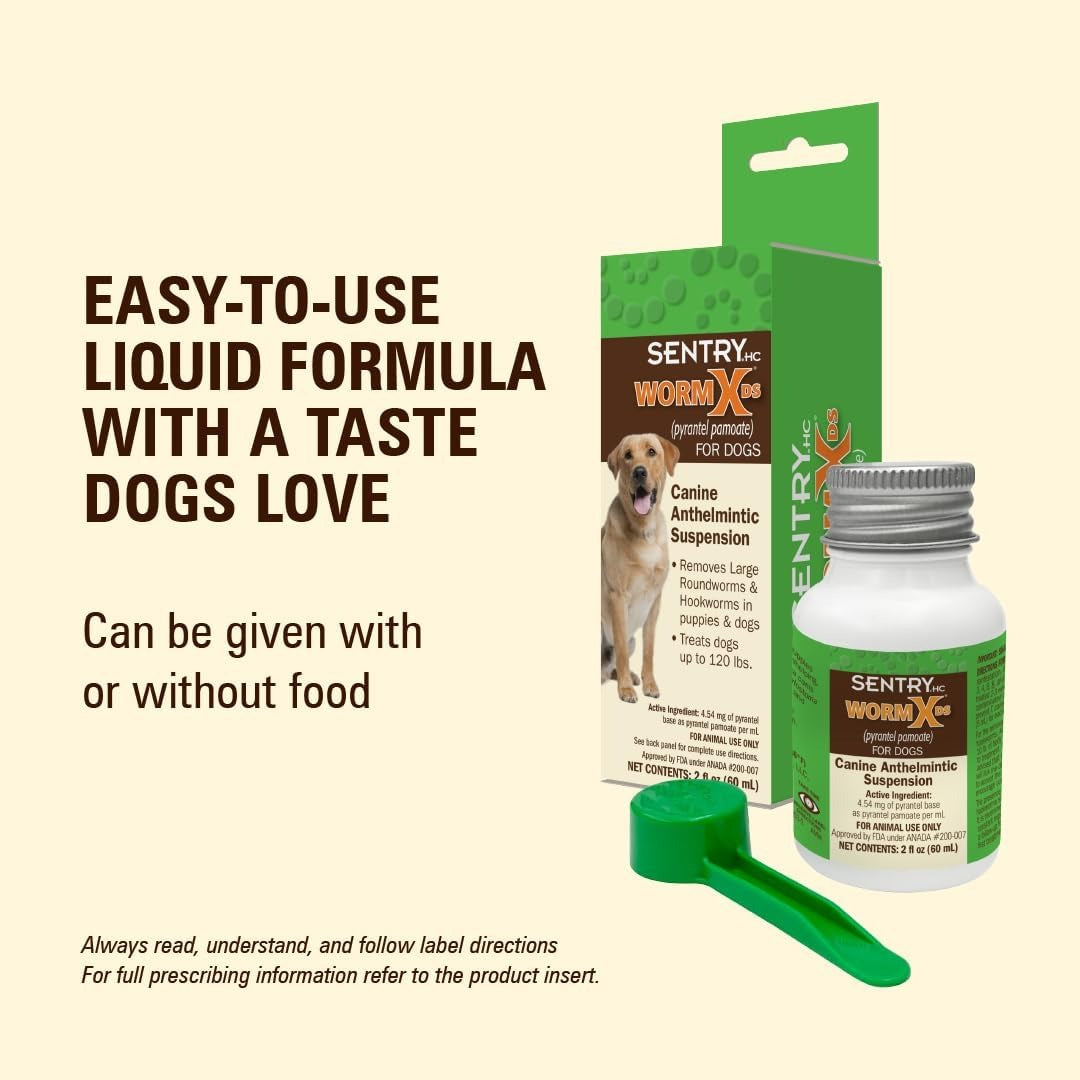 Sentry HC WormX DS packaging and bottle with dosing tool for treating roundworms and hookworms in dogs