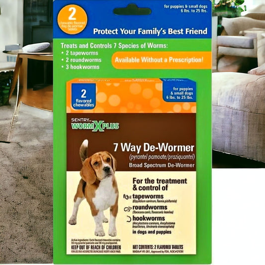 Sentry HC WormX Plus 7 Way De-Wormer packaging for puppies and small dogs with image of a beagle on box