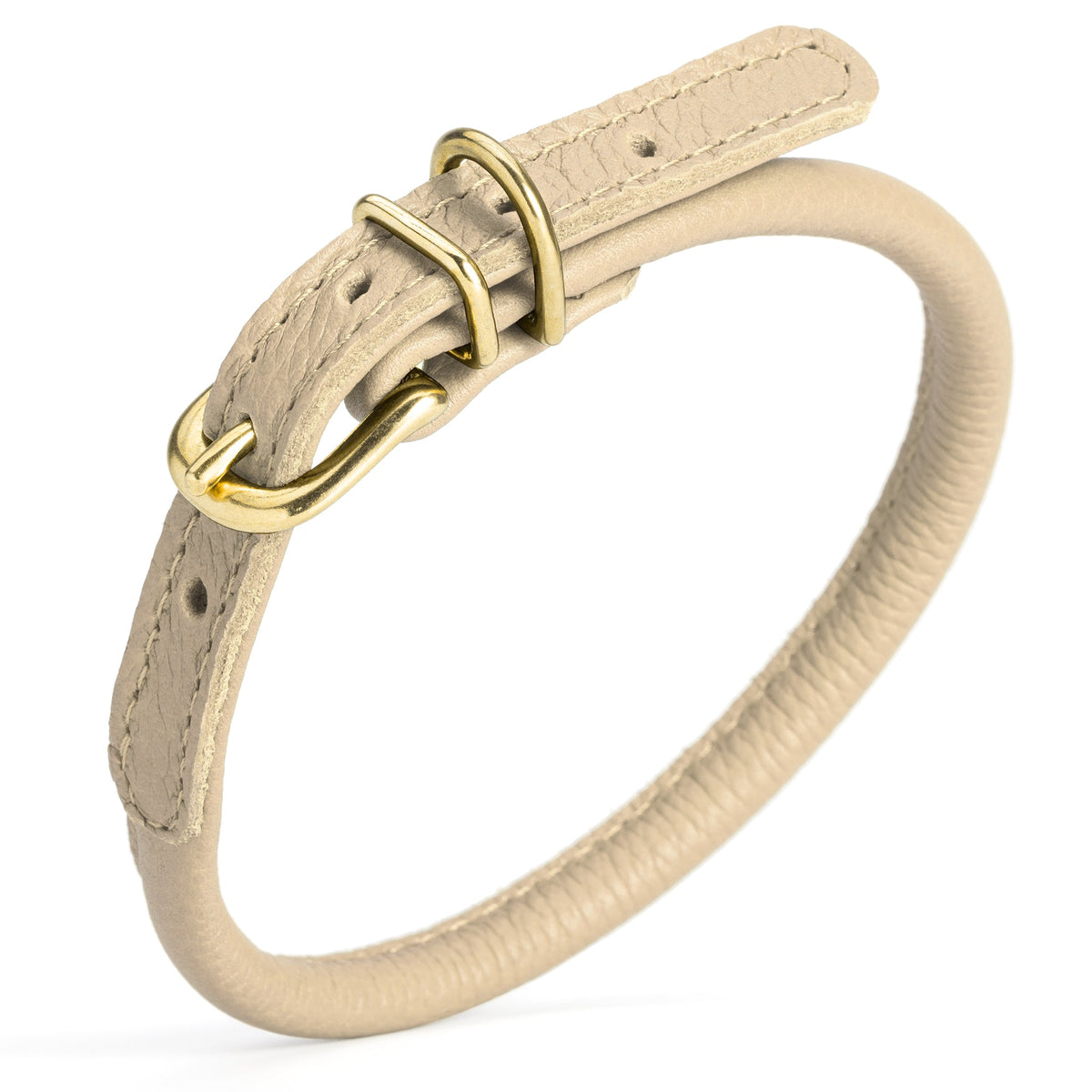 Soft Rolled Leather Dog Collar with Brass Hardware – Round Collar for Long-Haired Dogs – Beige
