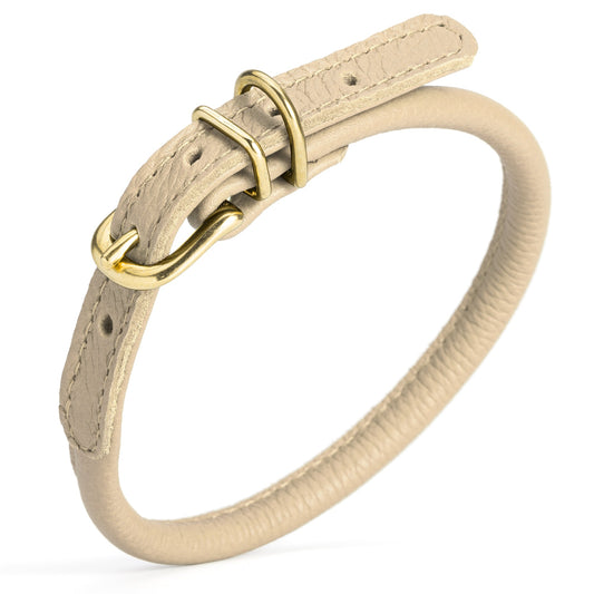 Soft Rolled Leather Dog Collar with Brass Hardware – Round Collar for Long-Haired Dogs – Beige