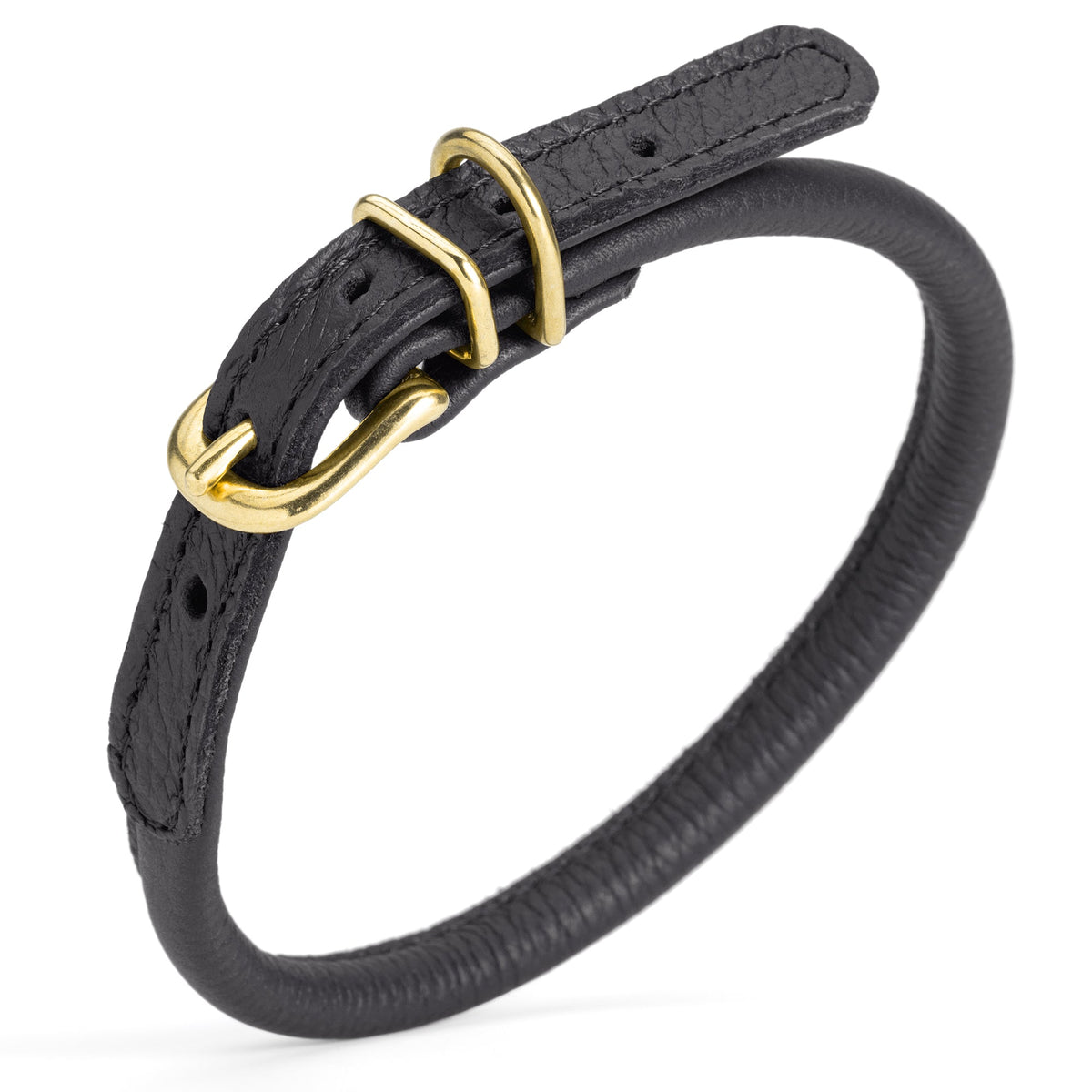 Soft Rolled Leather Dog Collar with Brass Hardware – Round Collar for Long-Haired Dogs – Black