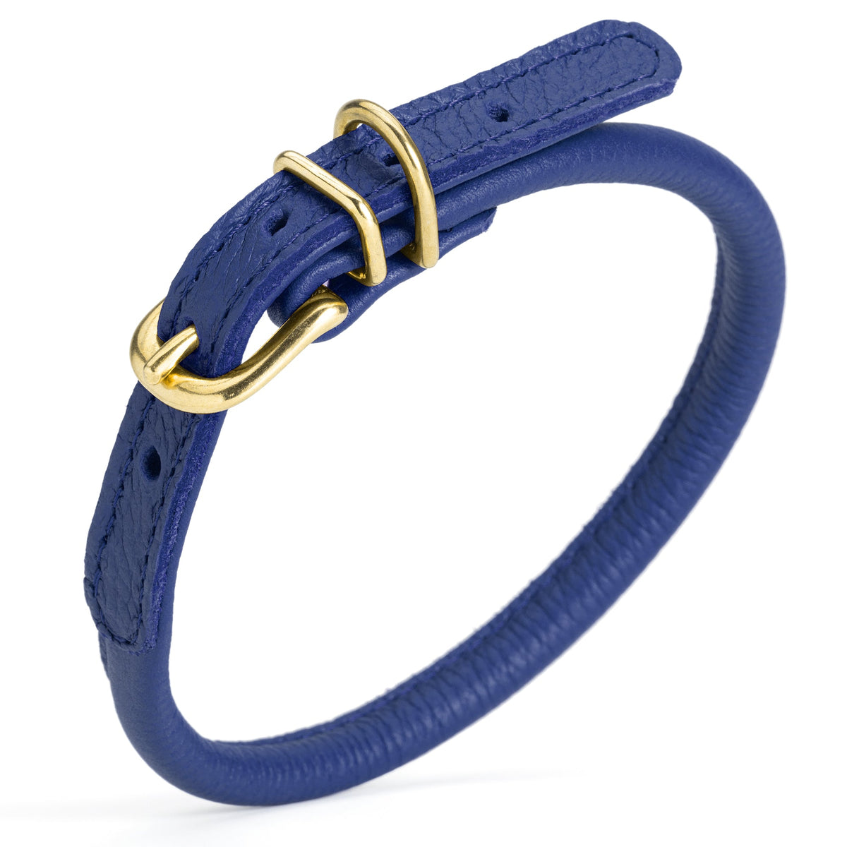 Soft Rolled Leather Dog Collar with Brass Hardware – Round Collar for Long-Haired Dogs – Royal Blue