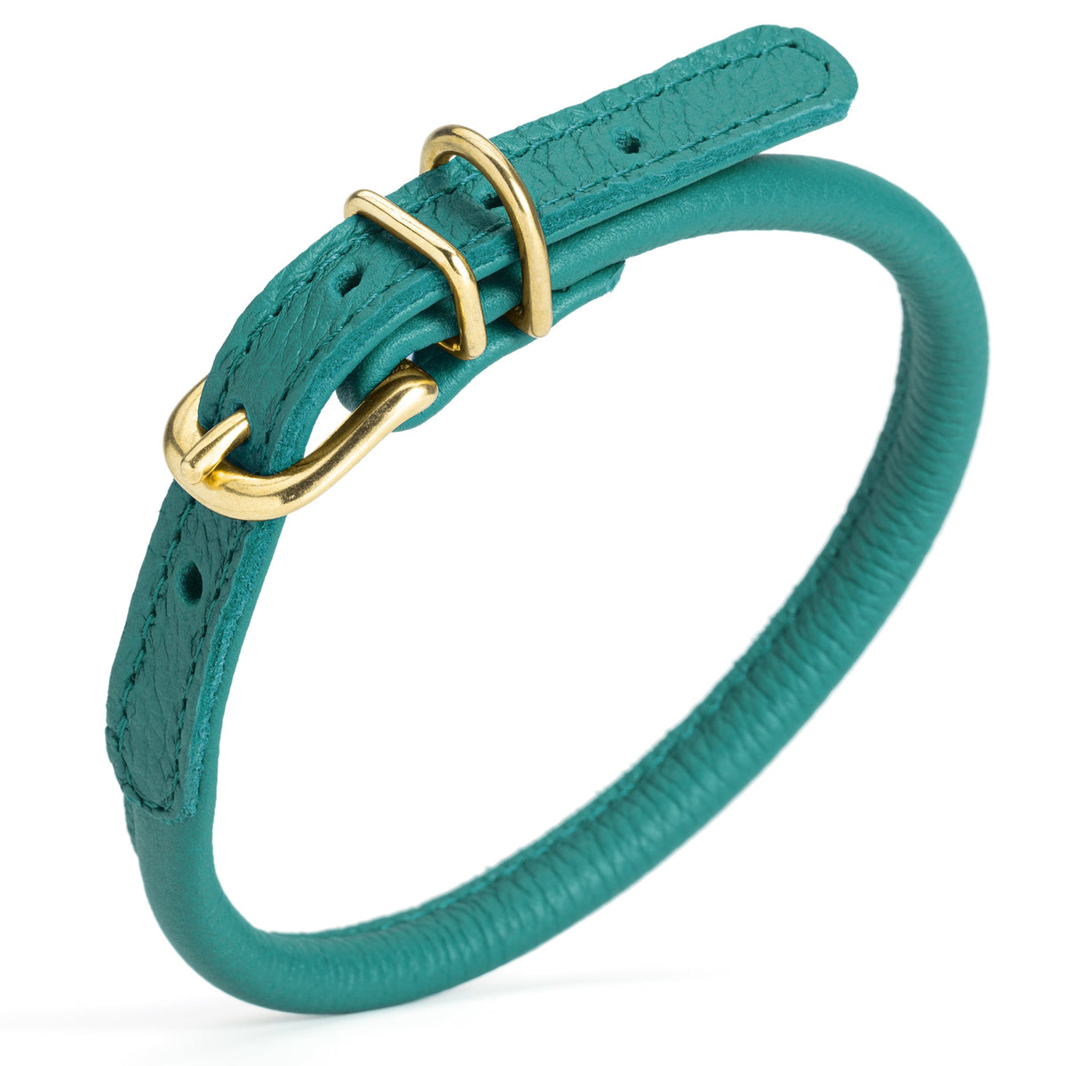 Soft Rolled Leather Dog Collar with Brass Hardware – Round Collar for Long-Haired Dogs – Teal