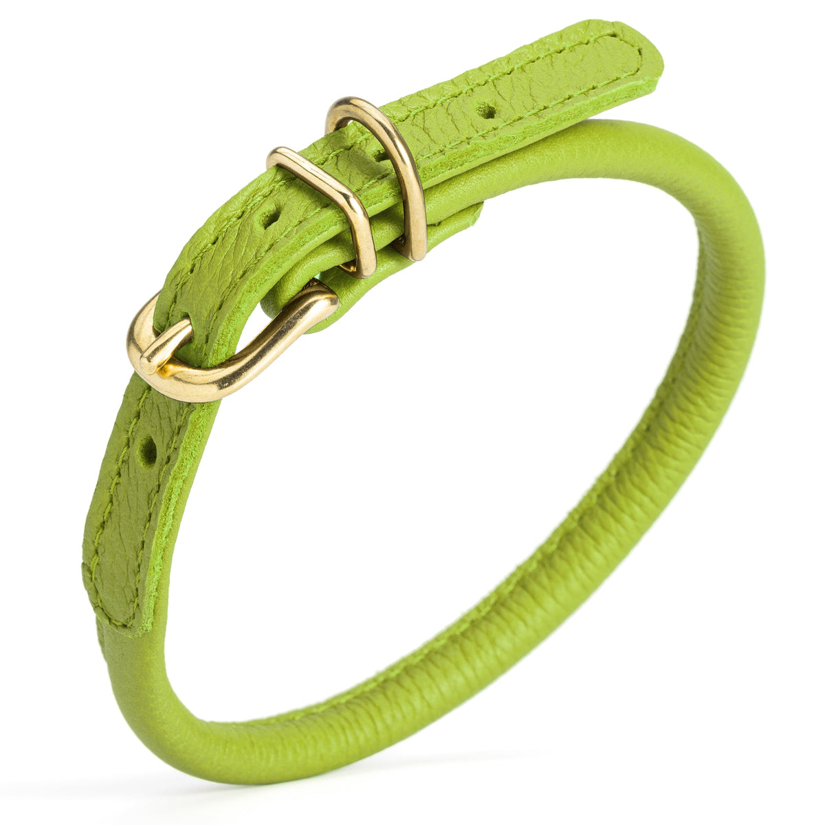 Soft Rolled Leather Dog Collar with Brass Hardware – Round Collar for Long-Haired Dogs – Lime Green