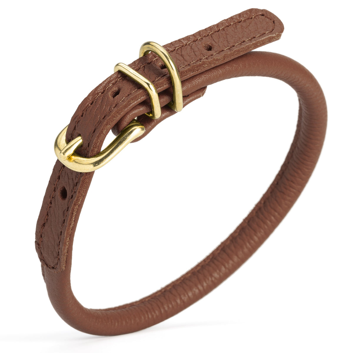 Soft Rolled Leather Dog Collar with Brass Hardware – Round Collar for Long-Haired Dogs – Brown