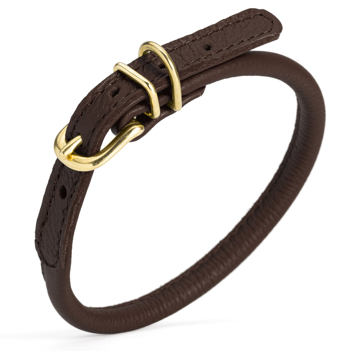 Soft Rolled Leather Dog Collar with Brass Hardware – Round Collar for Long-Haired Dogs – Dark Brown