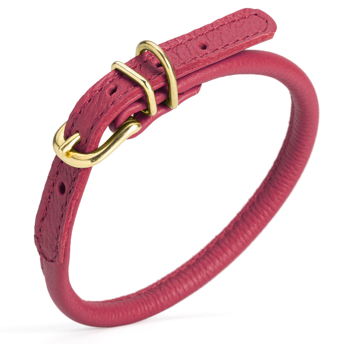 Soft Rolled Leather Dog Collar with Brass Hardware – Round Collar for Long-Haired Dogs – Pink