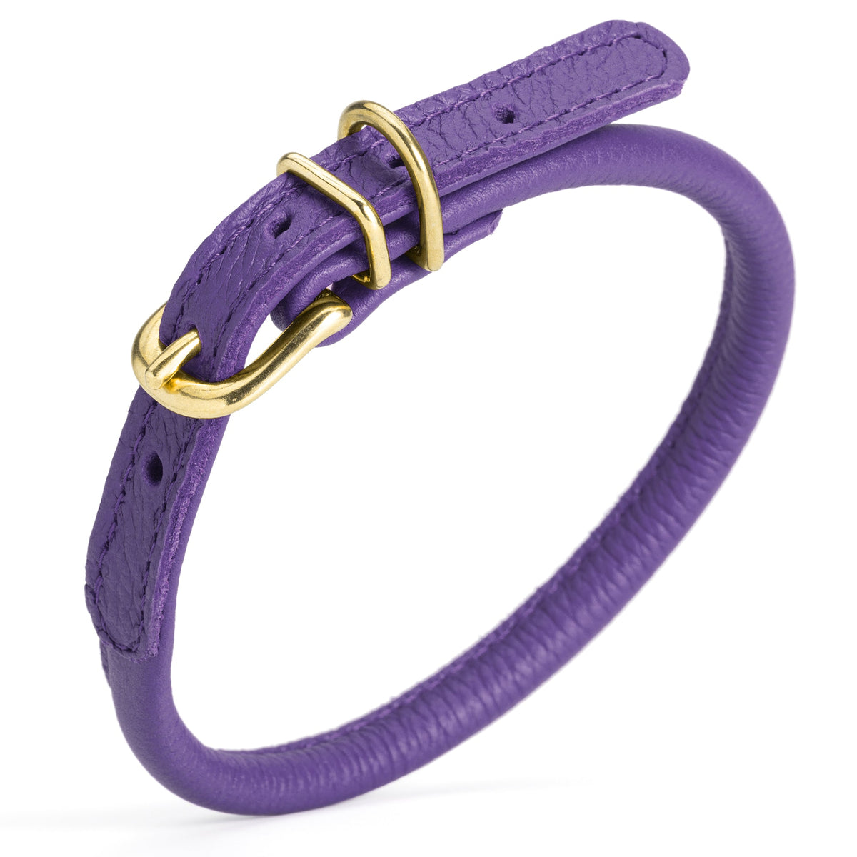 Soft Rolled Leather Dog Collar with Brass Hardware – Round Collar for Long-Haired Dogs – Purple
