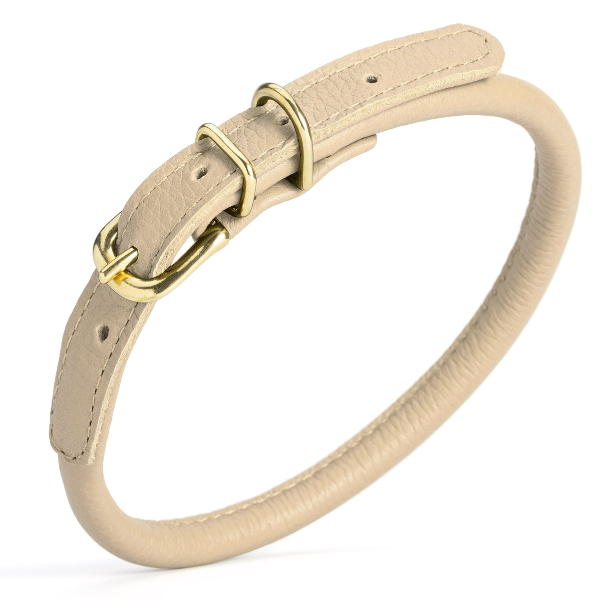 Soft Rolled Leather Dog Collar with Brass Hardware – Round Collar for Long-Haired Dogs – Beige