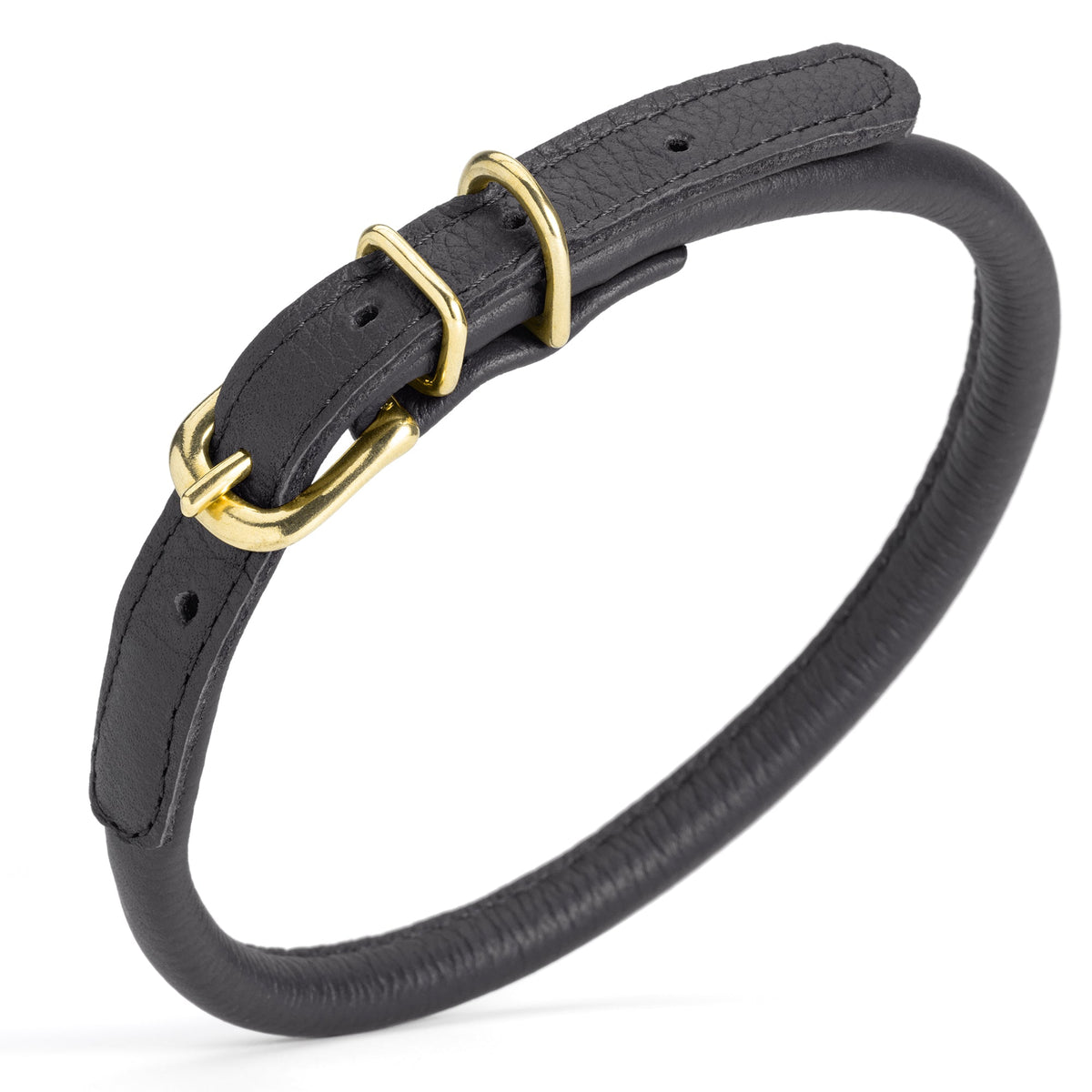 Soft Rolled Leather Dog Collar with Brass Hardware – Round Collar for Long-Haired Dogs – Black