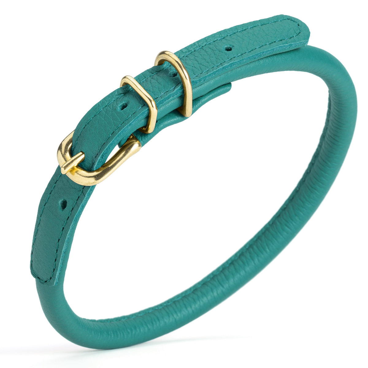 Soft Rolled Leather Dog Collar with Brass Hardware – Round Collar for Long-Haired Dogs – Teal