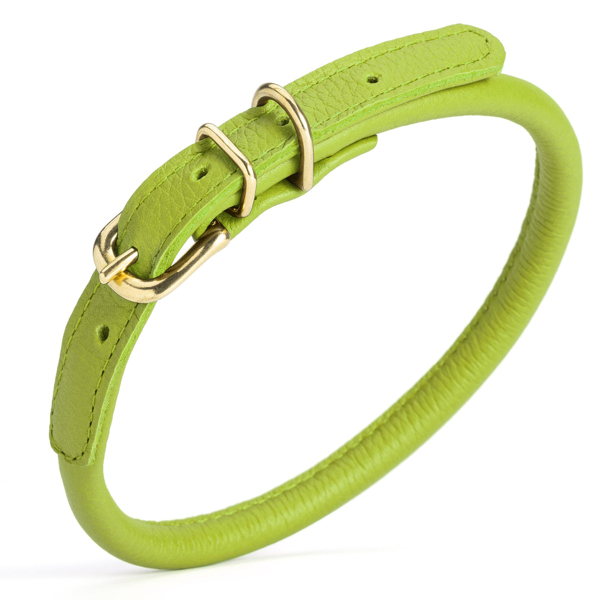 Soft Rolled Leather Dog Collar with Brass Hardware – Round Collar for Long-Haired Dogs – Lime Green
