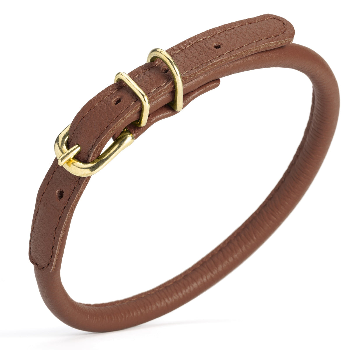 Soft Rolled Leather Dog Collar with Brass Hardware – Round Collar for Long-Haired Dogs – Brown