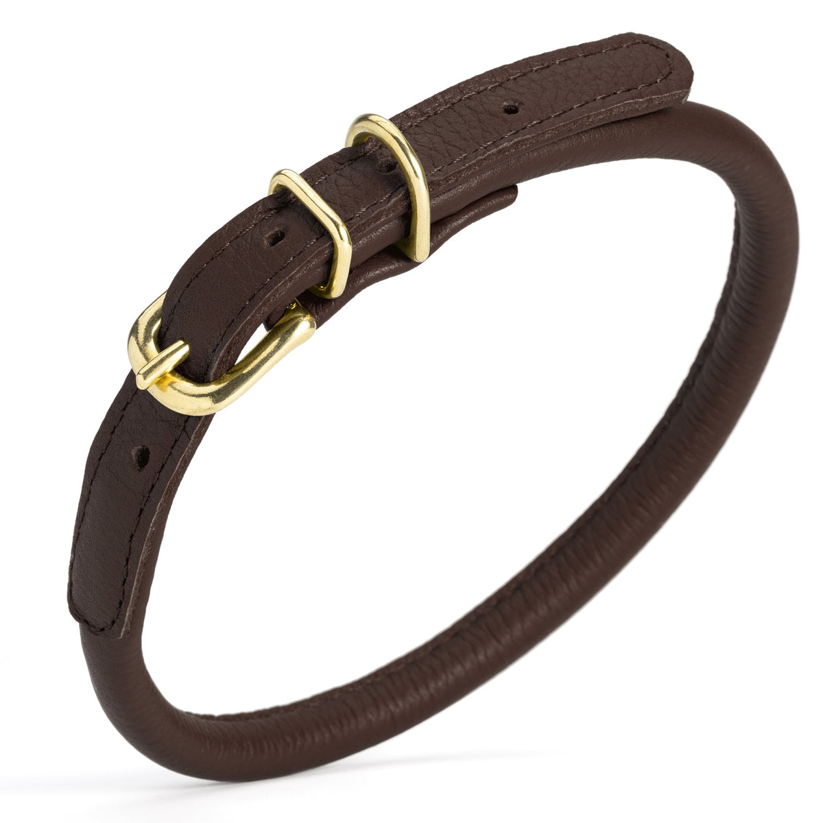 Soft Rolled Leather Dog Collar with Brass Hardware – Round Collar for Long-Haired Dogs – Dark Brown