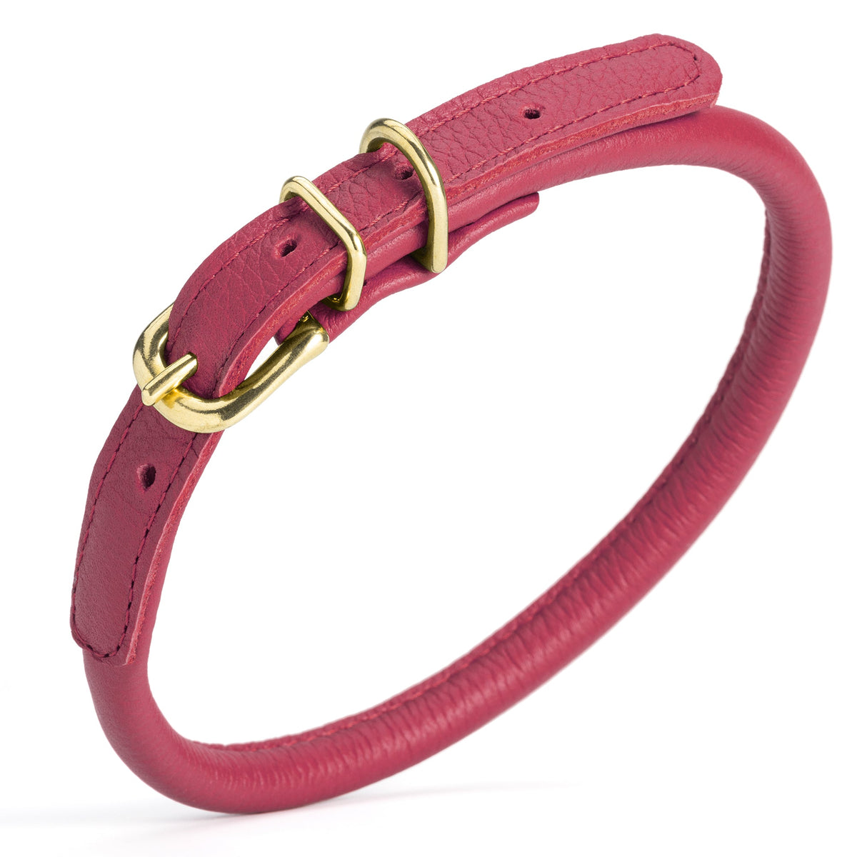Soft Rolled Leather Dog Collar with Brass Hardware – Round Collar for Long-Haired Dogs – Pink