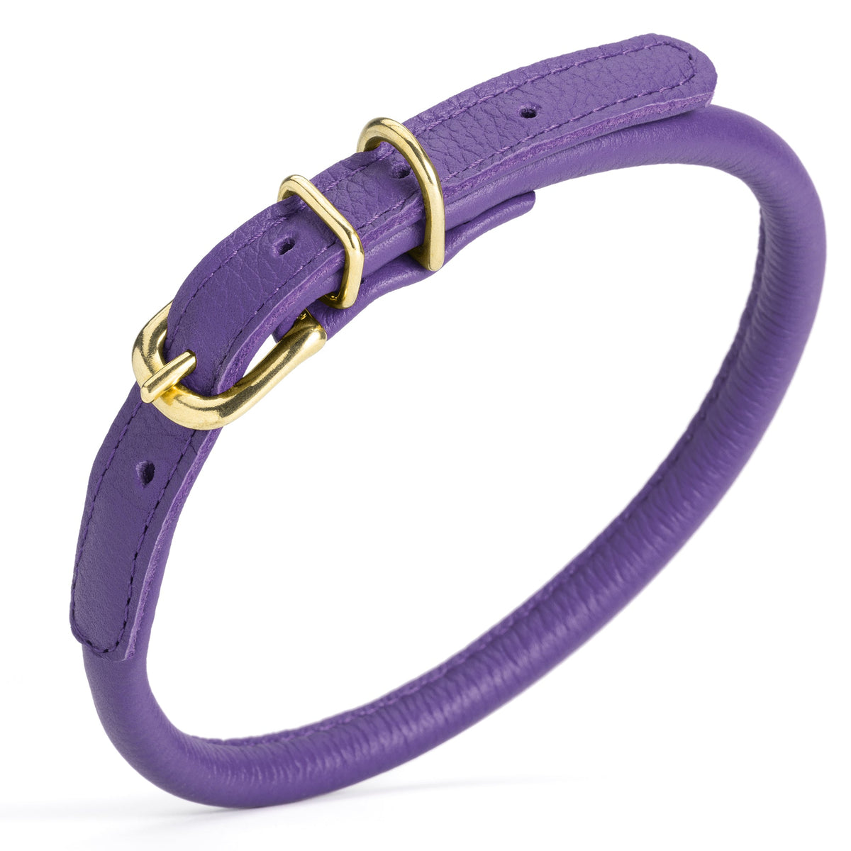 Soft Rolled Leather Dog Collar with Brass Hardware – Round Collar for Long-Haired Dogs – Purple