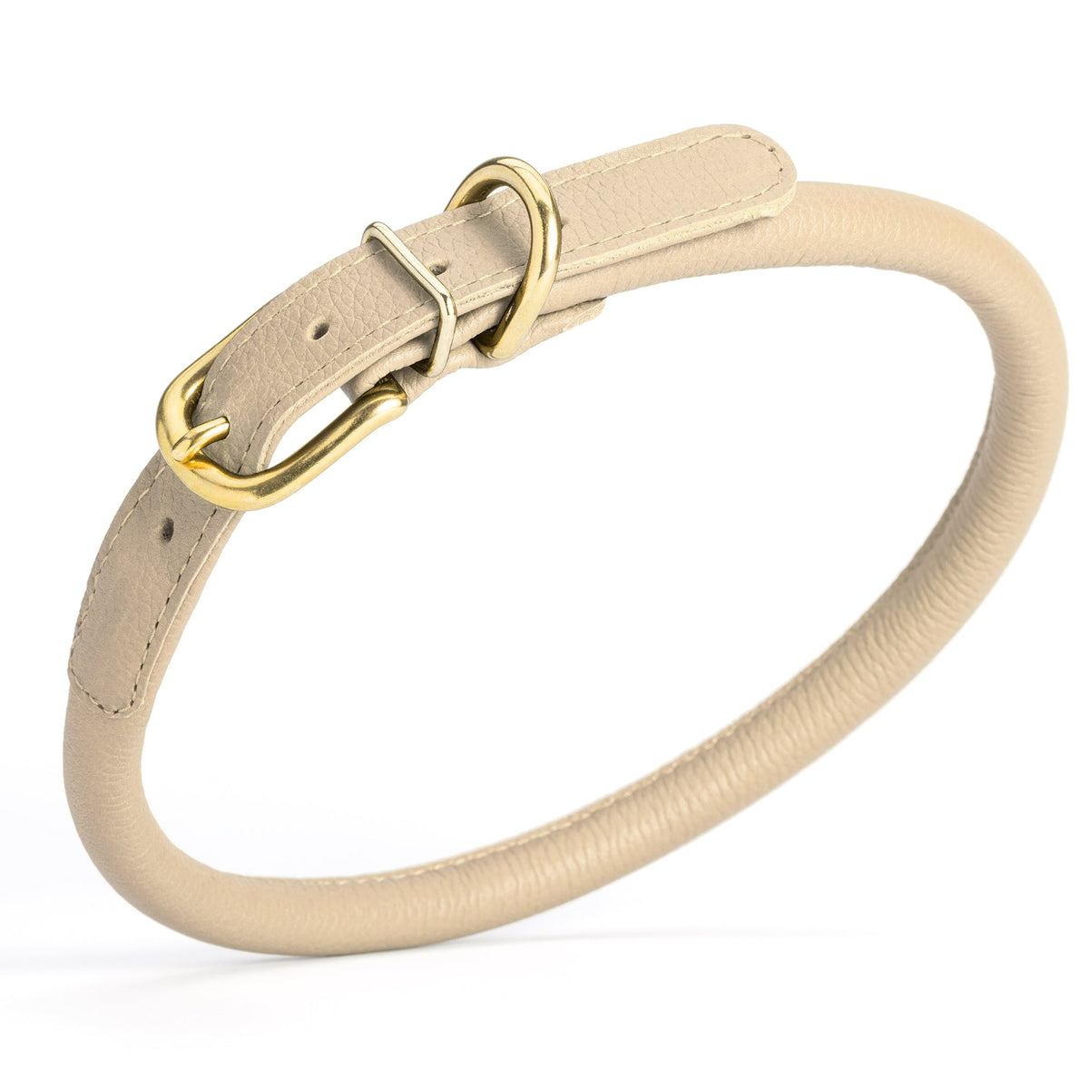 Soft Rolled Leather Dog Collar with Brass Hardware – Round Collar for Long-Haired Dogs – Beige