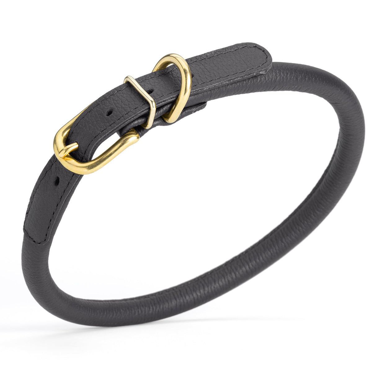 Soft Rolled Leather Dog Collar with Brass Hardware – Round Collar for Long-Haired Dogs – Black