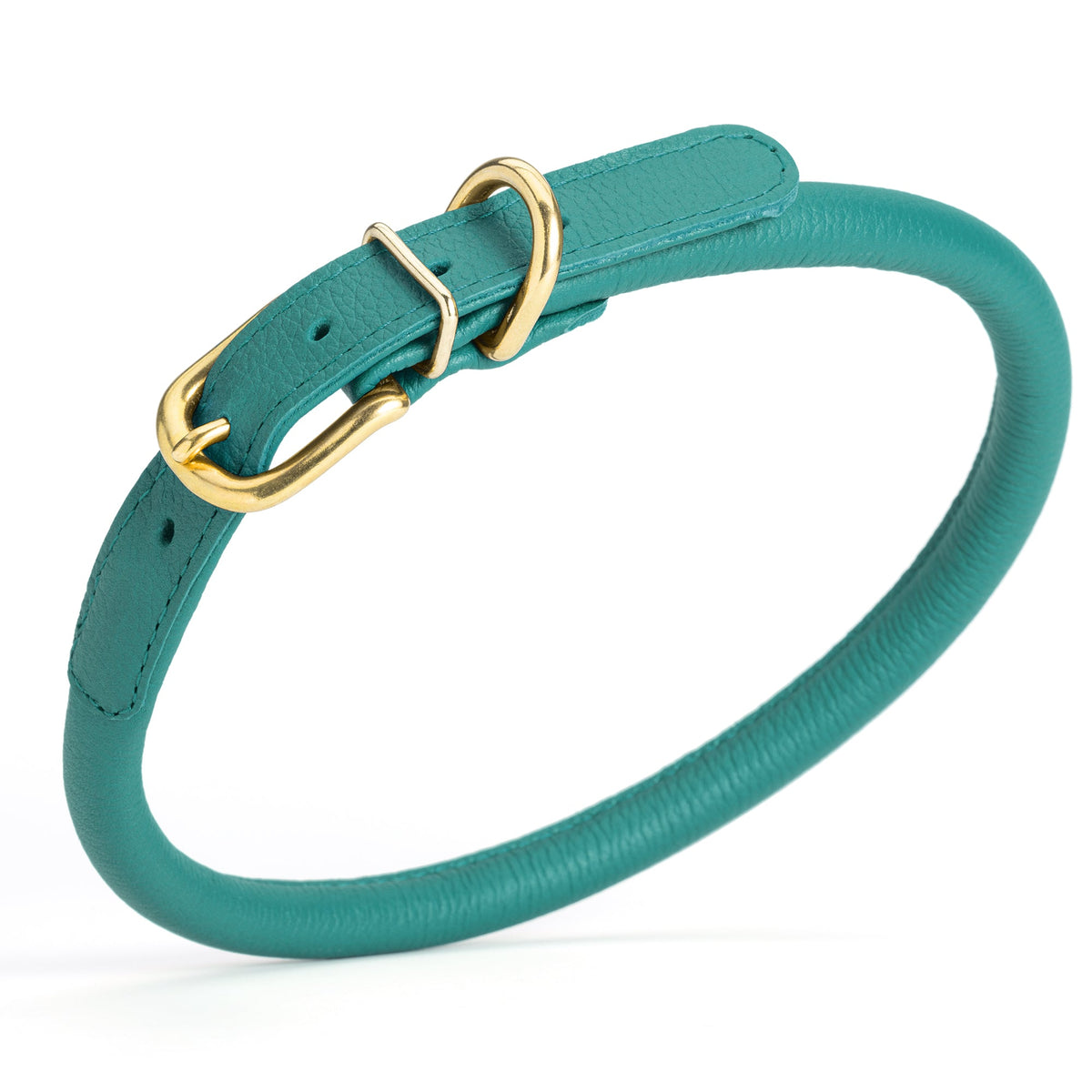 Soft Rolled Leather Dog Collar with Brass Hardware – Round Collar for Long-Haired Dogs – Teal