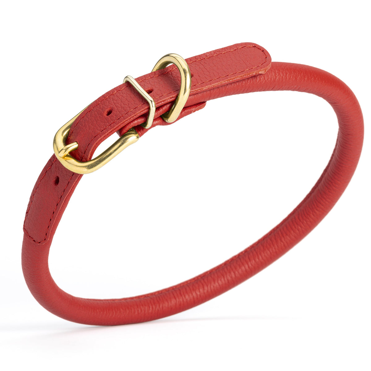 Soft Rolled Leather Dog Collar with Brass Hardware – Round Collar for Long-Haired Dogs – Red