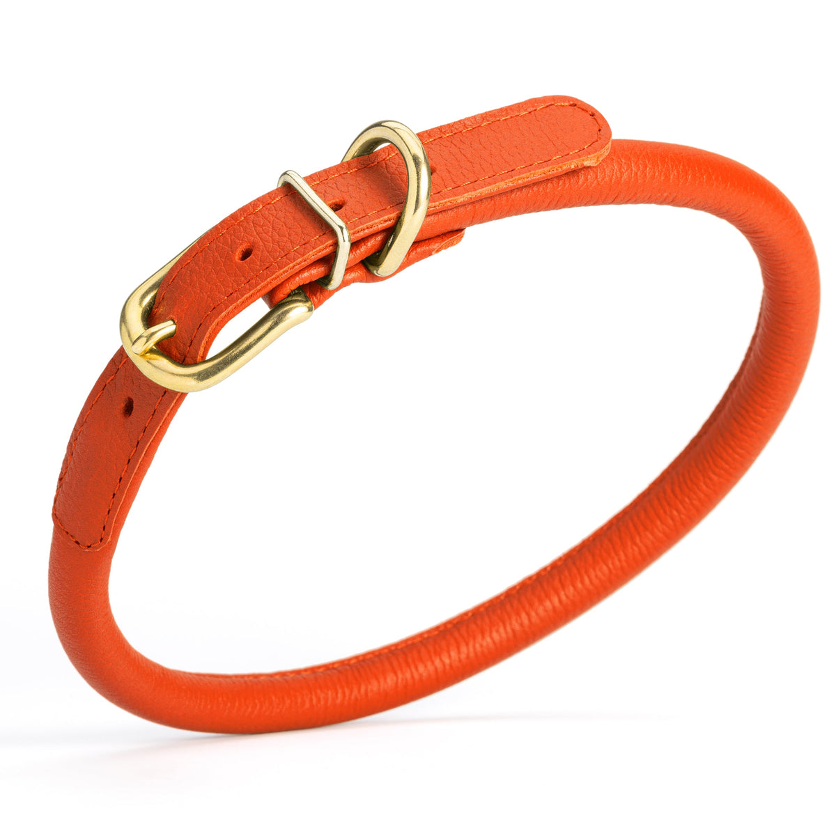 Soft Rolled Leather Dog Collar with Brass Hardware – Round Collar for Long-Haired Dogs – Orange