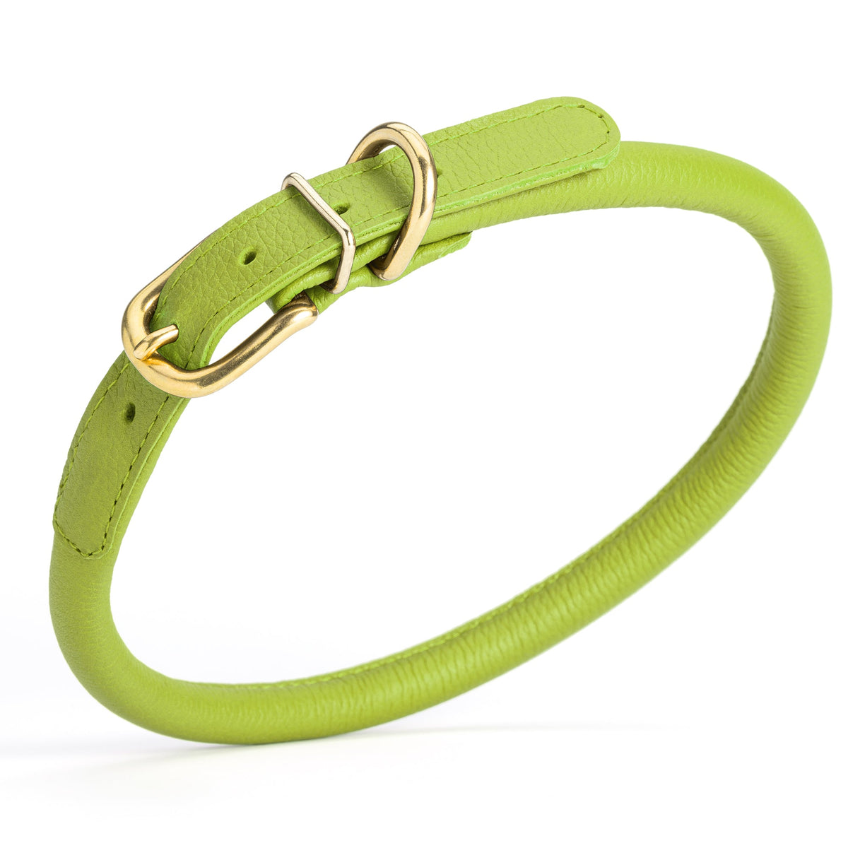 Soft Rolled Leather Dog Collar with Brass Hardware – Round Collar for Long-Haired Dogs – Lime Green