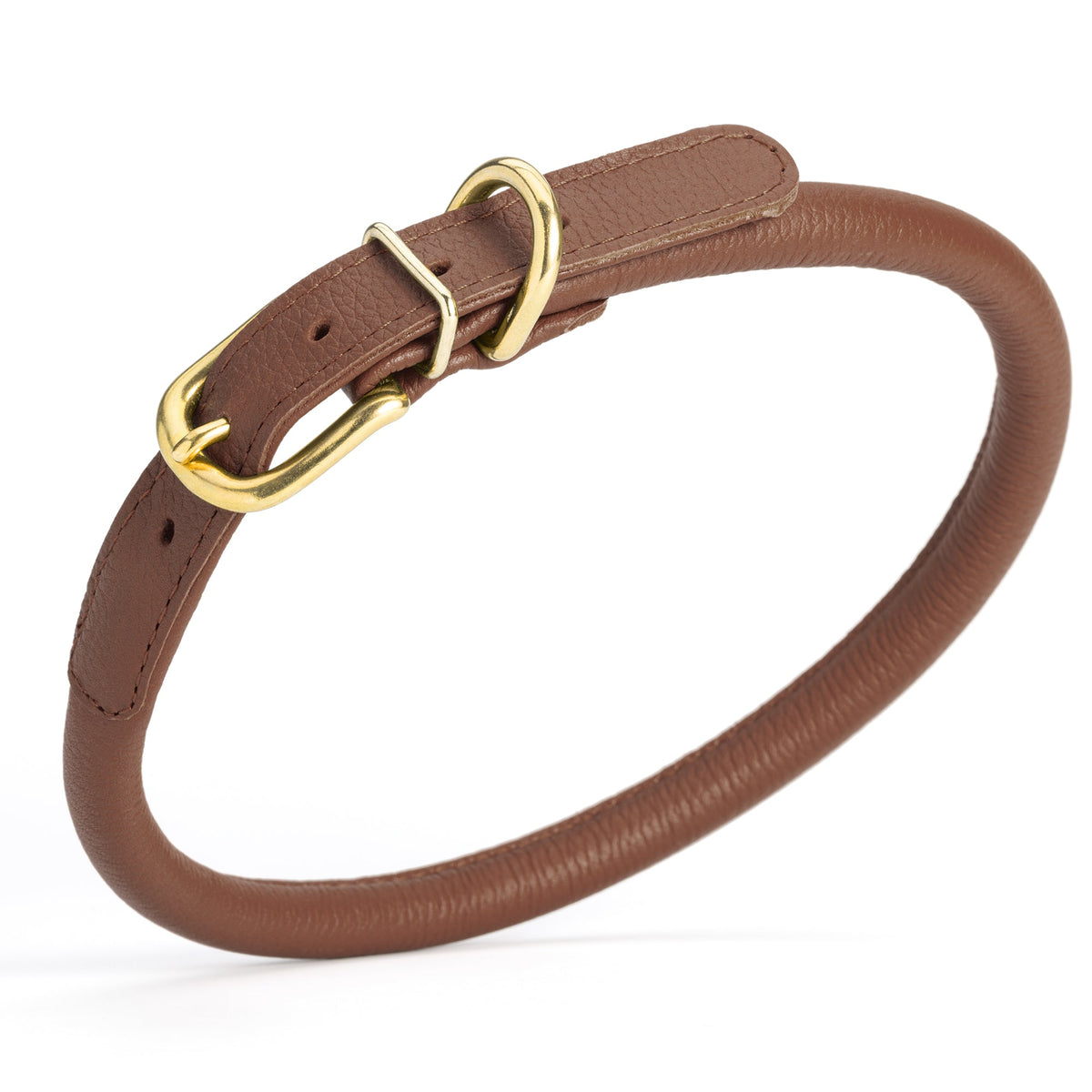 Soft Rolled Leather Dog Collar with Brass Hardware – Round Collar for Long-Haired Dogs – Brown