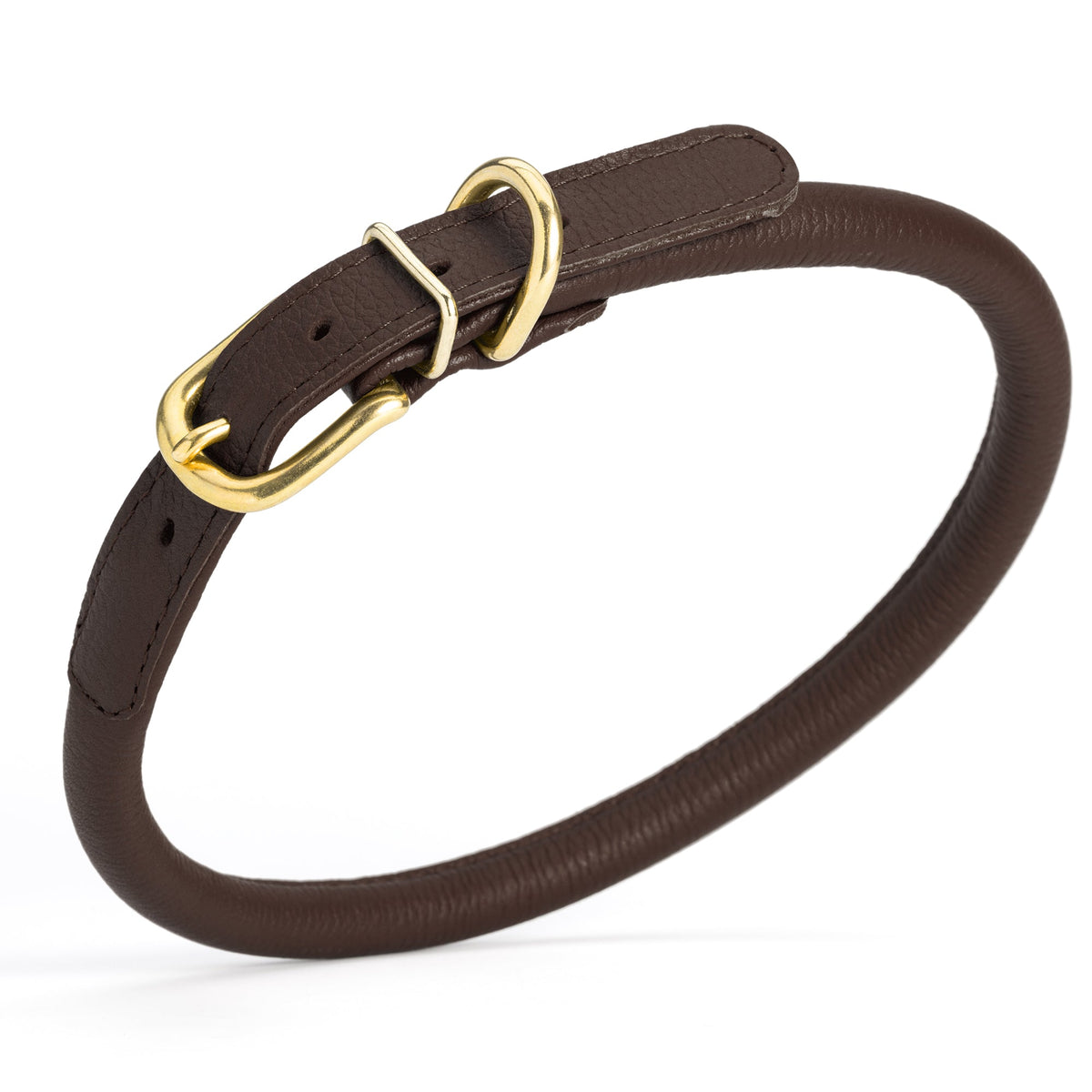 Soft Rolled Leather Dog Collar with Brass Hardware – Round Collar for Long-Haired Dogs – Dark Brown