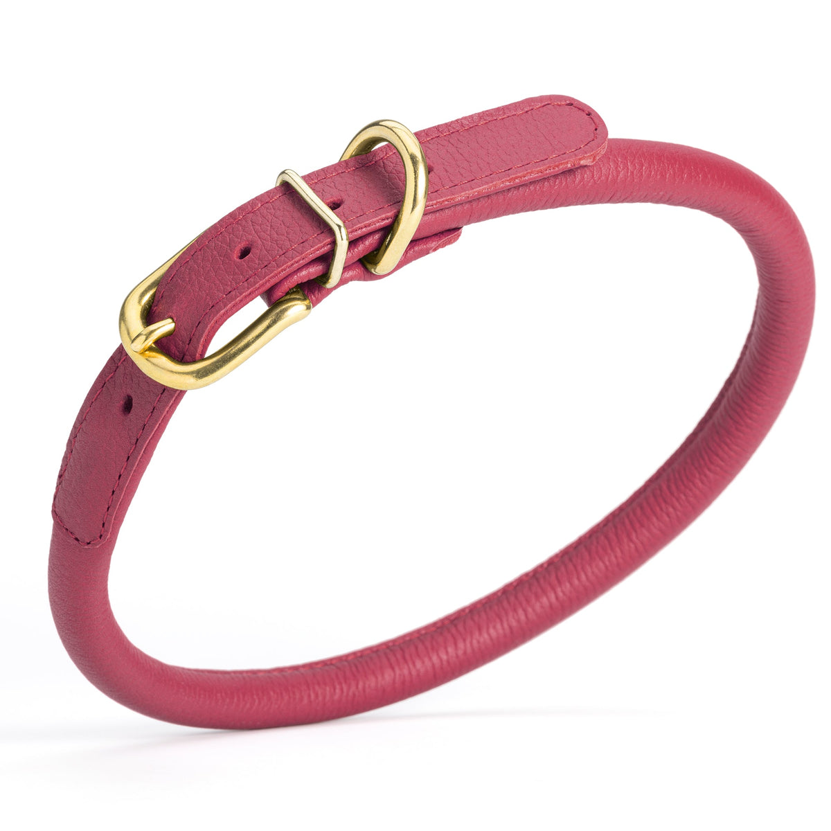 Soft Rolled Leather Dog Collar with Brass Hardware – Round Collar for Long-Haired Dogs – Pink