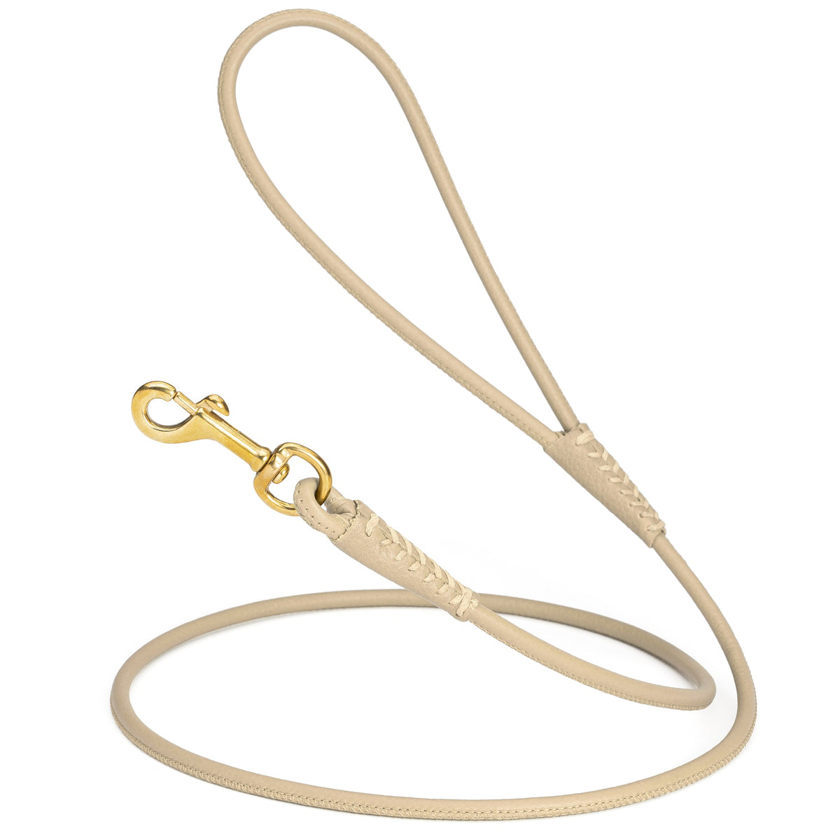 Rolled Leather Dog Leash with Brass Snap Hook – Soft Round Leather Lead – Beige