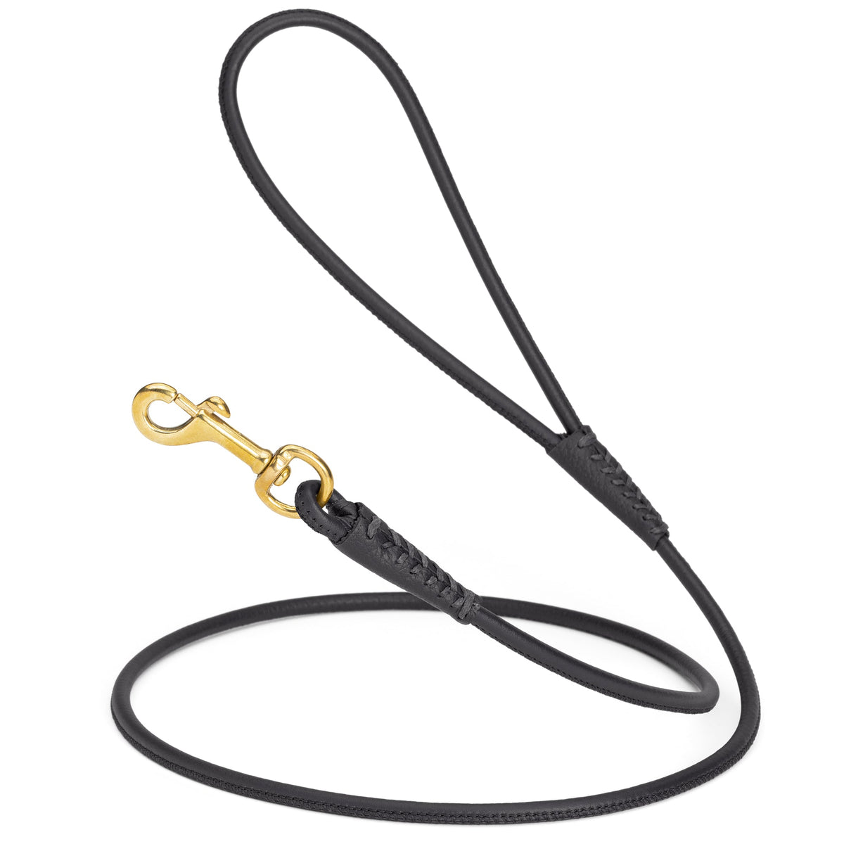 Rolled Leather Dog Leash with Brass Snap Hook – Soft Round Leather Lead – Black