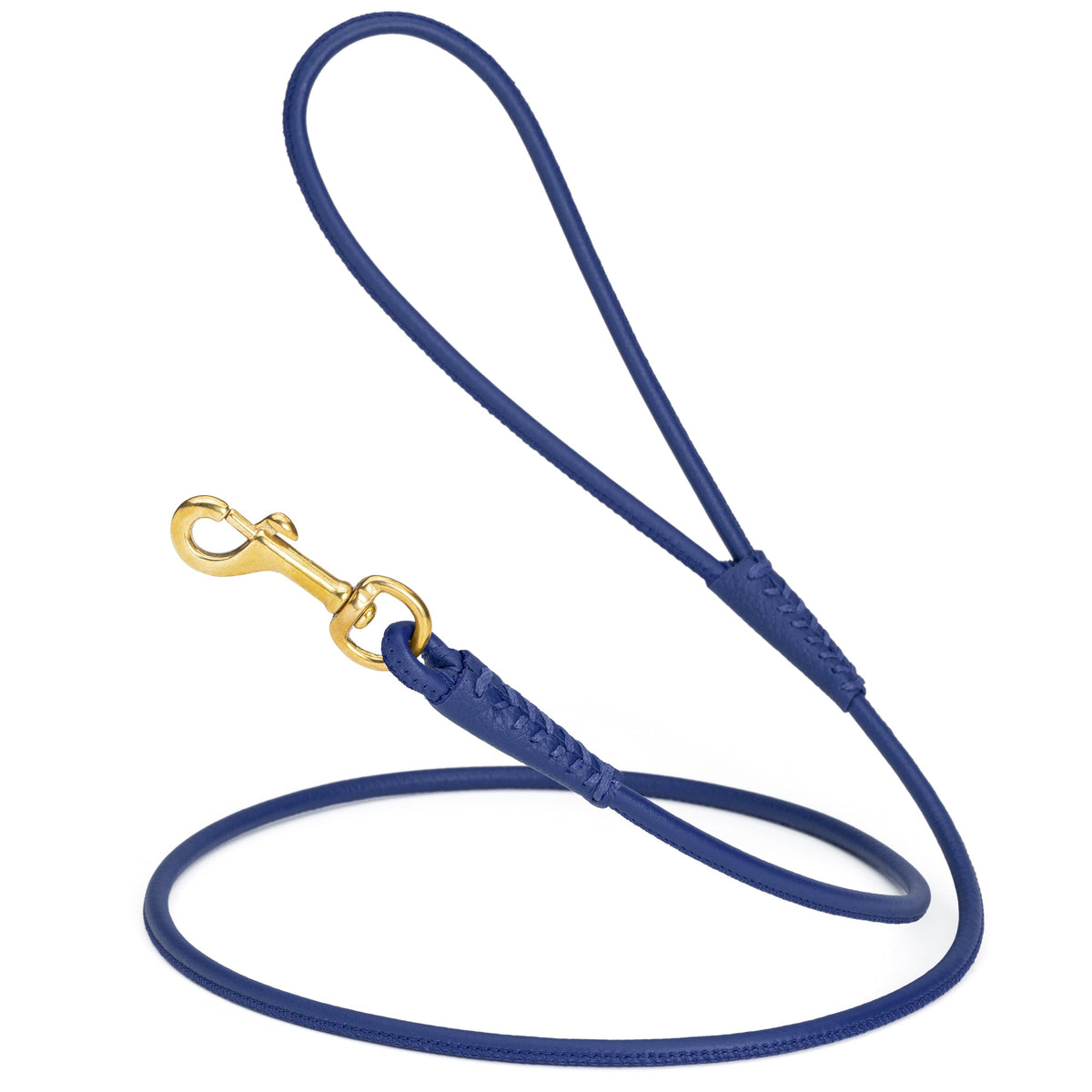 Rolled Leather Dog Leash with Brass Snap Hook – Soft Round Leather Lead – Royal Blue