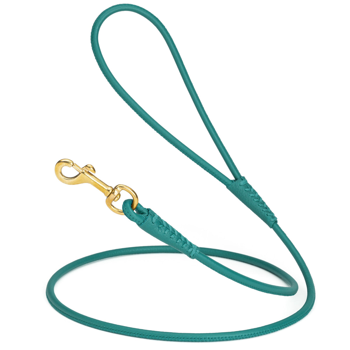 Rolled Leather Dog Leash with Brass Snap Hook – Soft Round Leather Lead – Teal