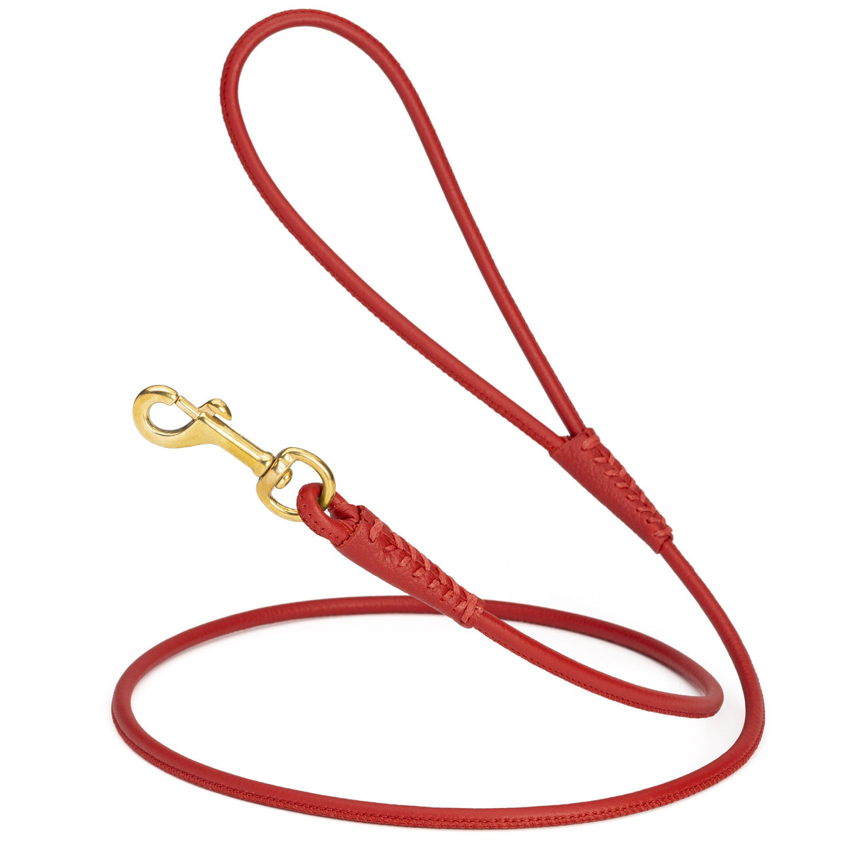 Rolled Leather Dog Leash with Brass Snap Hook – Soft Round Leather Lead – Red