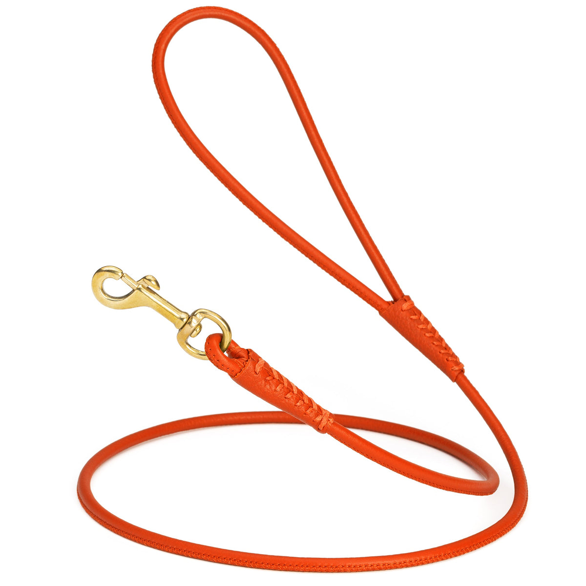 Rolled Leather Dog Leash with Brass Snap Hook – Soft Round Leather Lead – Orange