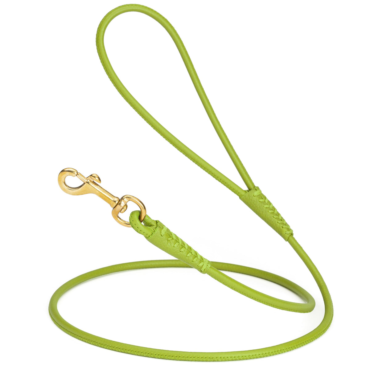 Rolled Leather Dog Leash with Brass Snap Hook – Soft Round Leather Lead – Lime Green