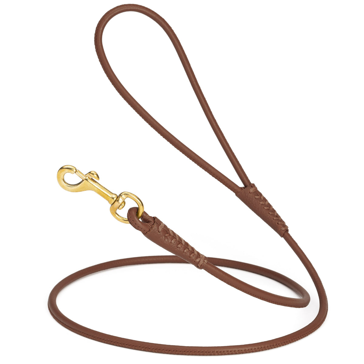 Rolled Leather Dog Leash with Brass Snap Hook – Soft Round Leather Lead – Brown