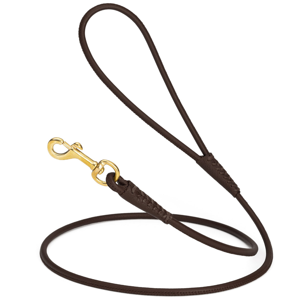 Rolled Leather Dog Leash with Brass Snap Hook – Soft Round Leather Lead – Dark Brown