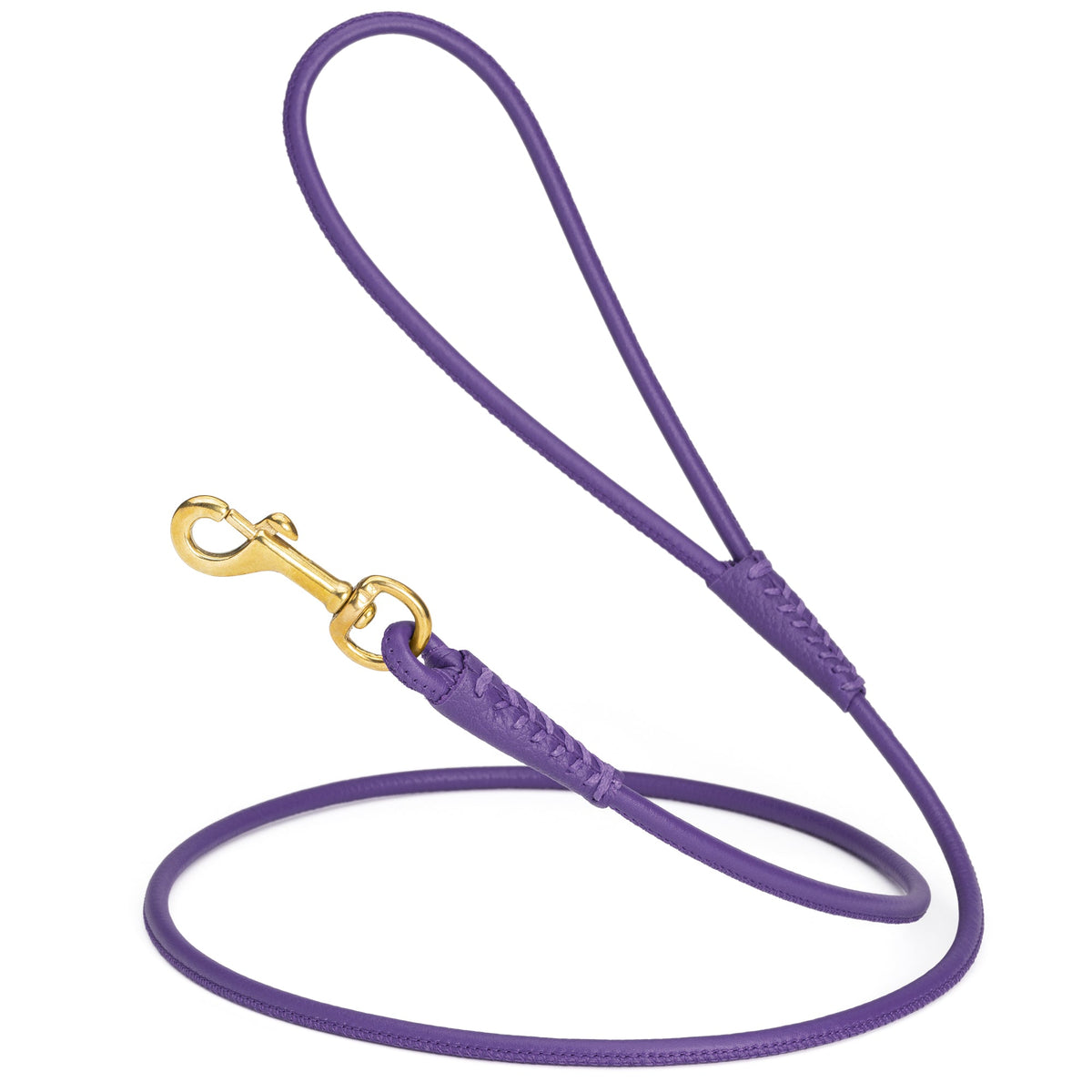 Rolled Leather Dog Leash with Brass Snap Hook – Soft Round Leather Lead – Purple