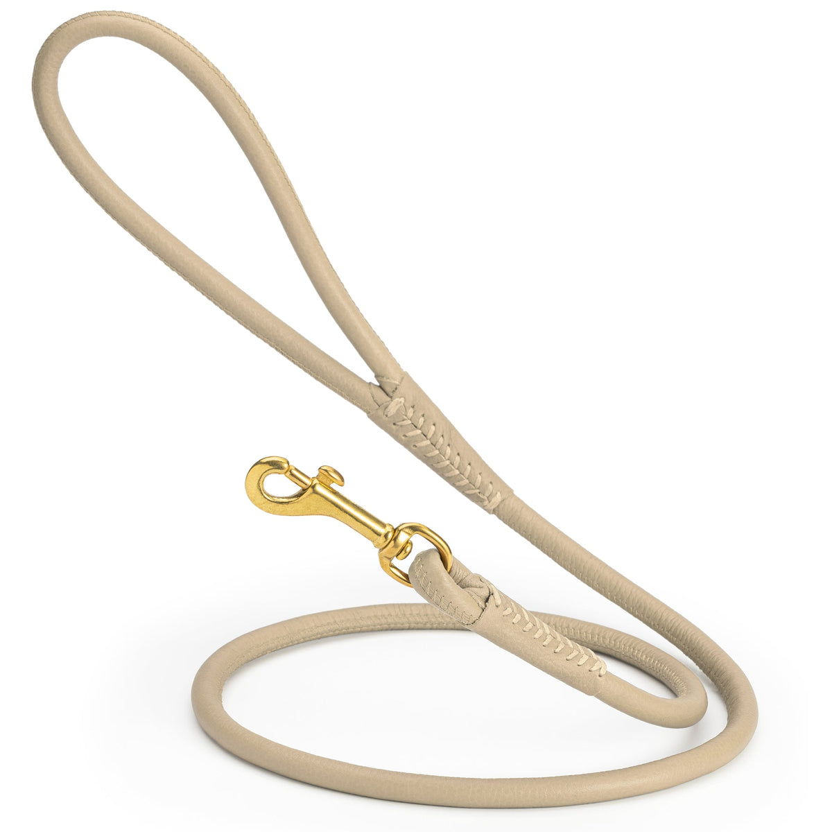 Rolled Leather Dog Leash with Brass Snap Hook – Soft Round Leather Lead – Beige