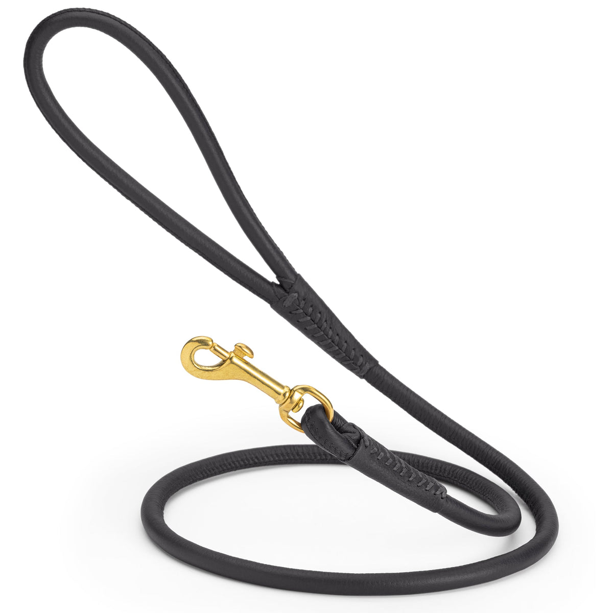 Rolled Leather Dog Leash with Brass Snap Hook – Soft Round Leather Lead – Black