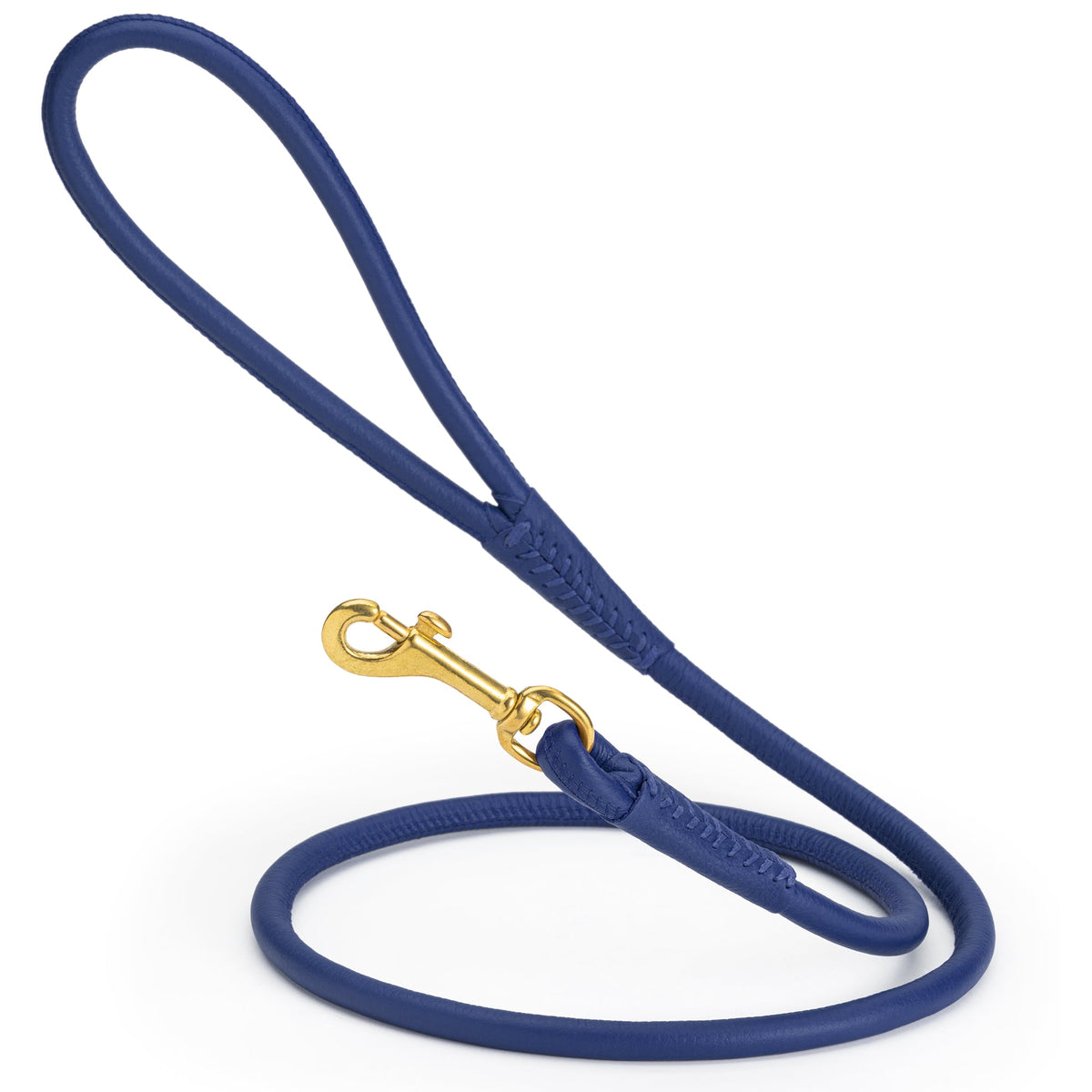 Rolled Leather Dog Leash with Brass Snap Hook – Soft Round Leather Lead – Royal Blue